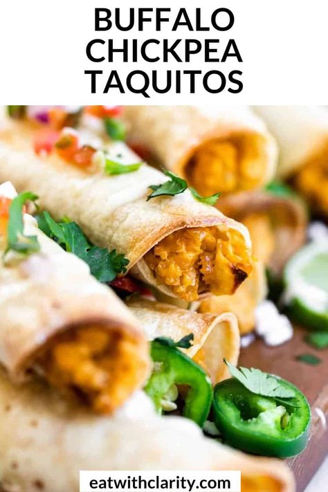 These buffalo chickpea taquitos are easy to make, vegan, gluten free, healthy and perfect for a football party appetizer. Chickpea Taquitos, Vegan Taquitos, Vegan Buffalo Sauce, Buffalo Vegan, Chickpea Vegan, Homemade Crackers Recipe, Buffalo Chickpea, Roasted Beet Hummus, Quick Vegetarian Dinner