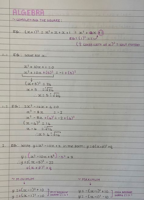 Six Grade Math Notes, Factorising Notes, Aesthetic Math Homework Ideas, Algebra 3 Notes, Math Notes High School Aesthetic, College Algebra Notes Aesthetic, Completing The Square Notes, Maths Notes Layout, How To Organize Math Notes