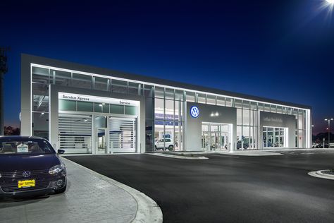 D.J. Kranz | Retail Design | Exterior of Luther Brookdale Volkswagen Car Dealership in Brooklyn Center, MN by D.J. Kranz as the general contractor. #cardealershipdesign #retaildesign #generalcontrator #volkswagen Volkswagen Showroom, Car Dealership Design, Car Detail Shop, Car Showroom Architecture, Vw Taos, Car Showroom Design, Simple Floor Plans, Store Architecture, Car Wash Business