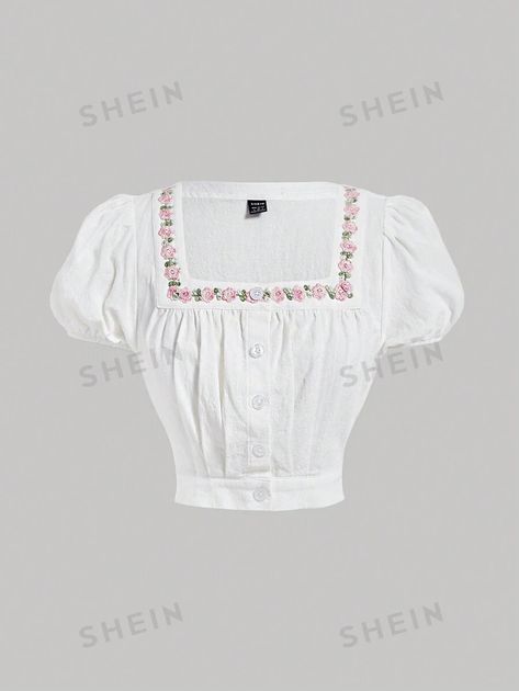 SHEIN MOD White Embroidered Detail Puff Short Sleeves Blouse | SHEIN USA Future Wear, Sleeves Blouse, 50s Dresses, Women Blouses, Short Sleeve Blouse, Blouses For Women, Short Sleeves, Blouses, Free Shipping