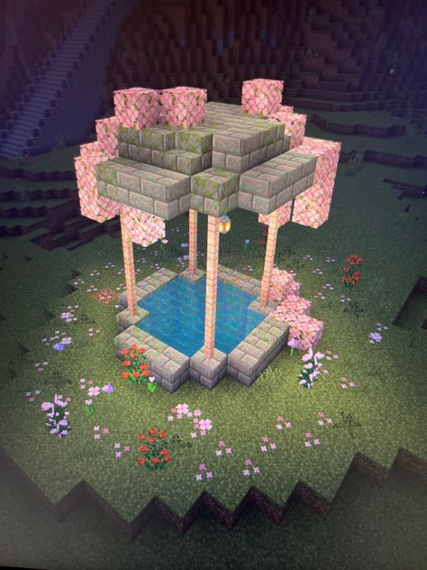 Minecraft Minecraft Blossom House Ideas, Cute Minecraft Dog Bed, Sakura Builds Minecraft, Cherry Wood Gazebo Minecraft, Minecraft Farm Ideas Cherry Blossom, Cherry Blossom Street Lamp Minecraft, Pink Minecraft Builds Ideas, Cherry Blossom Well Minecraft, Pink Fountain Minecraft