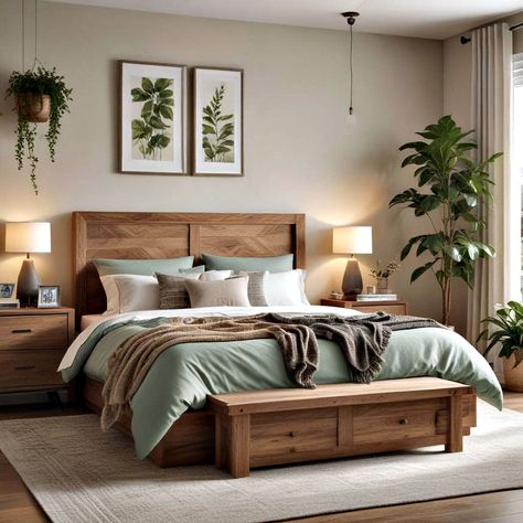 50 Bedroom Ideas and Design Inspiration (2024) Main Bedroom Furniture Ideas, Master Room Furniture Ideas, Wooden Bed Frames Ideas, Wooden Bedroom Ideas Decor, California King Wood Bed Frame, Master Bedrooms With Wooden Bed, Bedroom With Wood Headboard, Oak Bed Bedroom Ideas, Golden Oak Bedroom Ideas