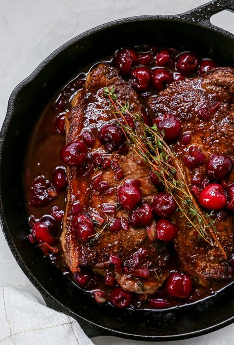 Steaks With Fresh Cherry Sauce Cherry Steak Sauce, Cherry Recipes Dinner, Cherry Glaze Recipe, Yule Recipes, Steak Ideas, Balsamic Steak, Cooking Steak, Cherry Compote, Cooking The Perfect Steak