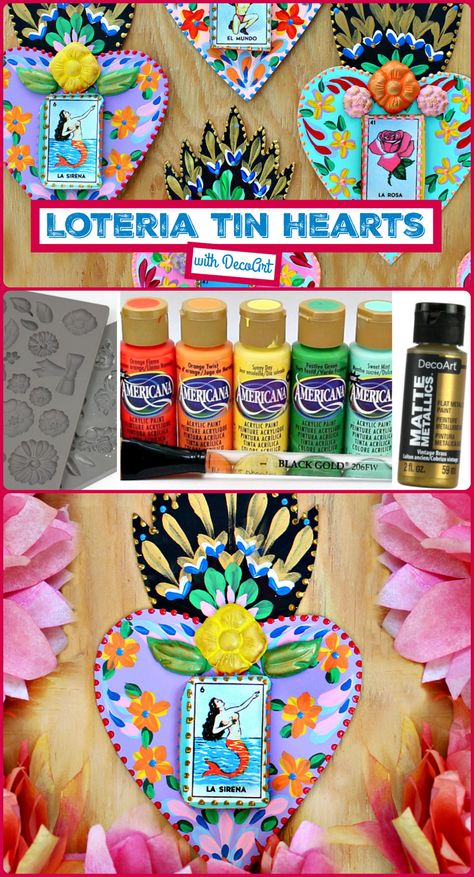 Mexican Hearts Art, Mexican Foil Art, Mexican Tin Art Diy, Mexican Tin Hearts, Tin Hearts Diy, Mexican Crafts For Adults, Mexican Crafts Diy, Mexican Art Projects, Mexican Art Work