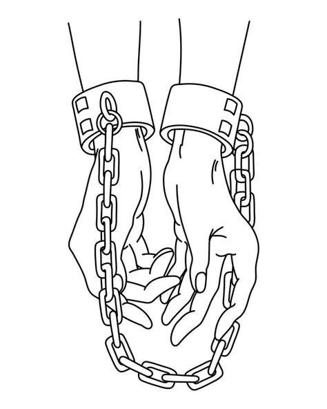 Line art, female hands are chained. Human trafficking concept. Illustration, vector. Hand With Chain Drawing, Chains Reference Drawing, Hands In Chains Drawing, Chains Illustration Art, Person Chained Up Reference, Person In Chains Drawing Reference, Breaking Chains Art, Pinned Down Pose, Chains Drawing Reference