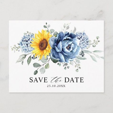 Sunflower Dusty Blue Slate Peony Save The Date Postcard #zazzle #weddinginvitations #birthdayinvitations #babyshowerinvitations #zazzleinvitations #monogram #businesscards #graduation #homedecor Blue And Sunflower Wedding, Blue Sunflower Wedding, Floral Wedding Guest, Groomsmen Invitation, Rustic Wedding Save The Dates, Autumn Invitations, Rustic Save The Dates, Blue Peonies, Save The Date Postcard