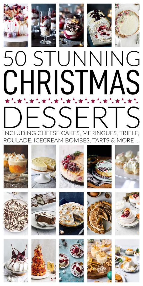 50 Christmas dessert recipes that look stunning on your Christmas dinner table and are surprisingly easy to make ahead and freeze including Christmas cheesecakes, trifles, meringues, tarts, pies, puddings, trifles, roulade, ice cream bombes and more. #christmasdesserts #christmasdessertrecipes #christmascheesecake #christmastrifle #christmaspudding #christmassweets Showstopper Christmas Dessert, Light Christmas Dessert, Christmas Cheesecakes, Traditional Christmas Pudding Recipe, Christmas Leftovers Recipes, Christmas Pudding Recipes, Christmas Trifle, Christmas Ice Cream, Christmas Candy Homemade