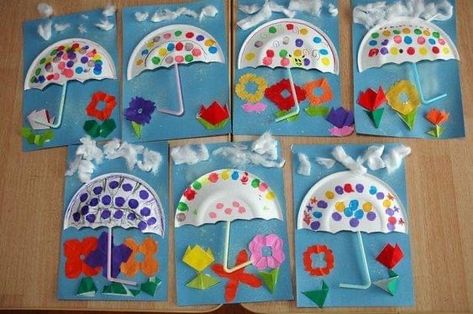 Paper Plate Umbrella Craft For Preschool, Paper Plate Umbrella Craft, Paper Plate Umbrella, Umbrella Craft, Kindergarten Art Projects, Montessori Toddler Activities, Spring Preschool, Paper Origami