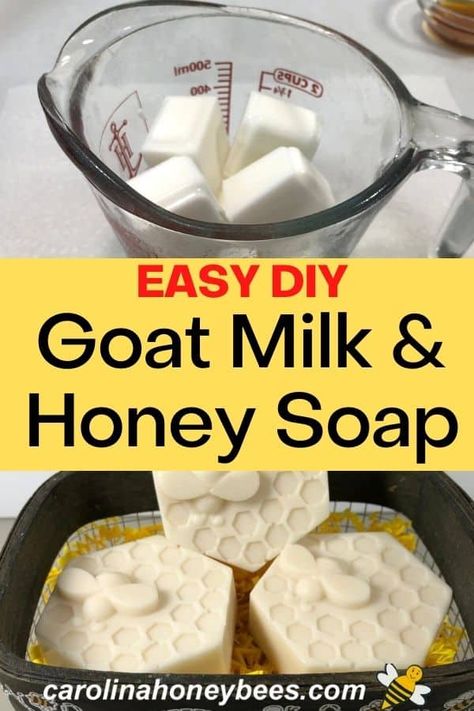 Make your own DIY Goat Milk & Honey Soap without using Lye.  This simple soap recipe is a great introduction to soap making with honey.  #carolinahoneybees #goatmilk&honeysoap #honeysoap Beeswax Soap Recipe Without Lye, Goat Soap Recipe, Diy Soap Base, Make Goat Milk Soap, Soap Without Lye, Diy Goat Milk Soap, Honey Soap Recipe, Beeswax Recipes, Milk And Honey Soap