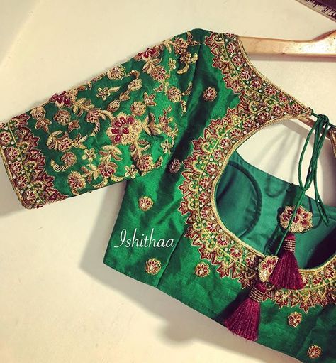 Neon green contrast blouse for a beautiful maroon saree ! 😍 Custom made for Swathika for her baby shower ceremony ! 😁 . . Ping us on… Attractive Things, Green Blouse Designs, Blouses Designs, Pattu Saree Blouse Designs, Saree Floral, Wedding Saree Blouse Designs, Lehnga Dress, Cutwork Blouse Designs, Blouse Back Neck Designs