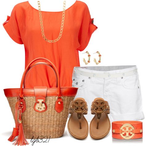 "Summertime Orange" by lgb321 on Polyvore Orange Shorts For Beach Season, Summer Orange Beach Shirt, Trendy Orange Summer Shorts, Coral Shorts Outfit, Orange Summer T-shirt For Everyday, Summer Orange Shorts With Built-in Shorts, Kinds Of Clothes, T Shirt And Jeans, Spring Summer Outfits