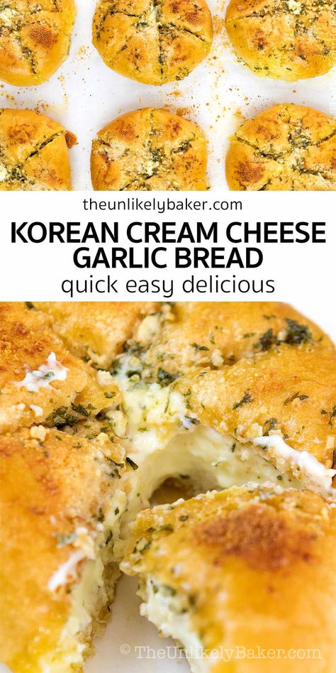 Korean Cream Cheese Stuffed Garlic Bread, Sweet Garlic Bread, Korean Style Sweet Bread, Korean Style Cream Cheese Garlic Bread, Garlic Bread With Cream Cheese, Cream Cheese Garlic Buns, Garlic Cream Cheese Recipes, Garlic Cream Cheese Rolls, Garlic Cream Cheese Bagel