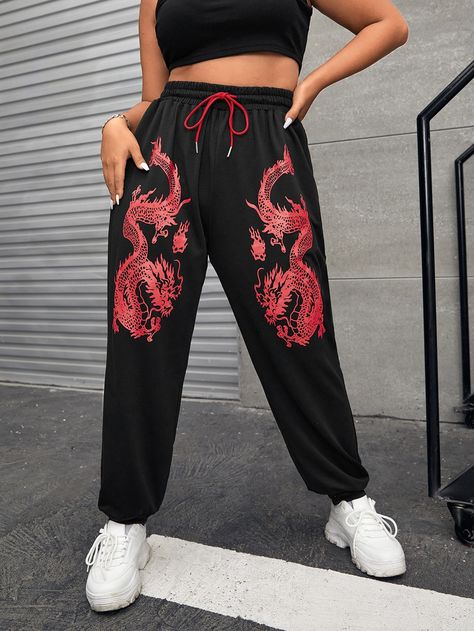 Black  Collar  Fabric Animal  Embellished Medium Stretch  Plus Size Bottoms Plus Size Sweatpants, Dragon Chino, Dragon Print, Fabric Animals, Chinese Dragon, Printed Drawstring, Drawstring Waist, Harem Pants, Plus Size