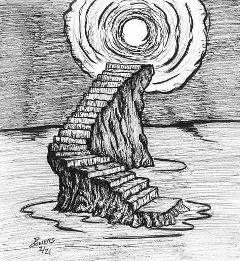 Surrealism Drawing Ideas Easy, Drawing Stairs, Dream Ink Drawing, Portal Reference, Surreal Art Drawing Easy, Portals Drawing, Portal Art Drawing, Surreal Landscape Drawing, Spiritual Art Drawings Easy