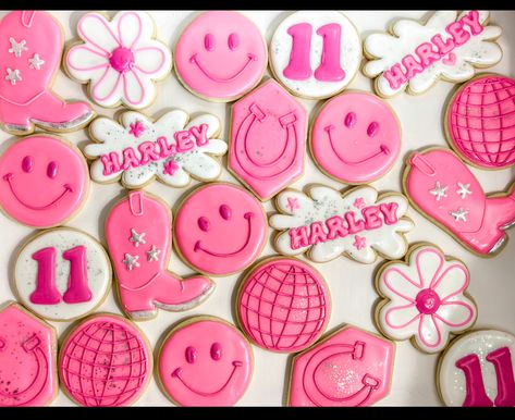 Space Cowgirl Cookies Decorated, Smiley Face Cowgirl Birthday Party, Disco Cowgirl Birthday Party Favors, Pink Disco Ball Cookies, Preppy Cookies Decorated, Disco Cowgirl Cookies Birthday, Hot Pink Cookies, Pink Disco Cookies, Space Cowgirl Cookies