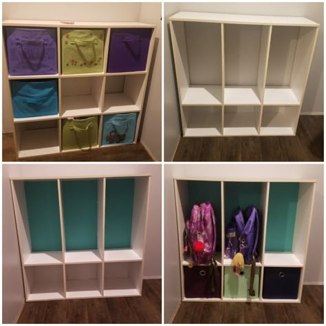 Room essentials 9 cube storage shelf converted into school bag backpack station, locker, cubbies for my kids.  :) Dress Up Cube Storage, Daycare Shelf Organization, Hallway Storage School Bags, Cube Storage Mudroom Hack, Backpack Shelf Ideas, 9 Cubby Storage Ideas, Diy School Cubbies, Cube Storage Drop Zone, Backpack And Shoe Station