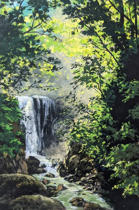 Canvas Painting Ideas Waterfall, Landscape Gouache Painting, Painting Ideas Scenery, Acrylic Painting Scenery, Watercolour Scenery, Watercolour Painting Landscape, River Paintings, Nature Paintings Acrylic, Landscape Waterfall