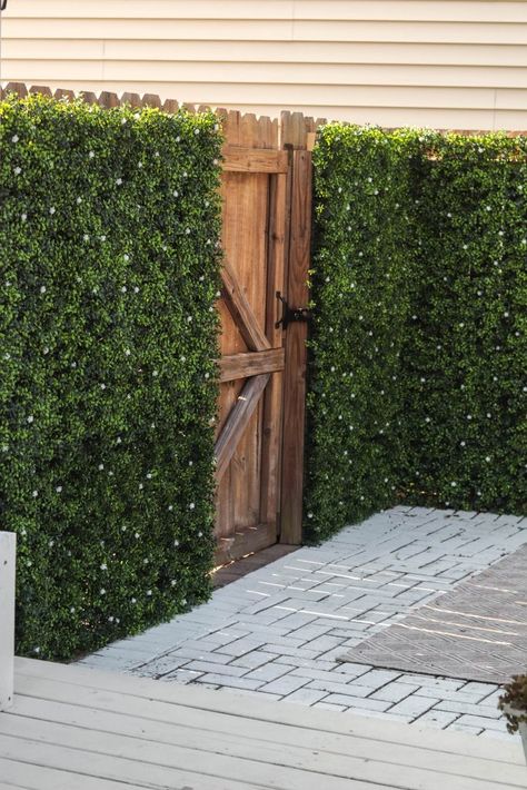 Privacy Fence Greenery, Faux Greenery Wall Outdoor Patio, Boxwood Privacy Wall, Fake Greenery Wall Outdoor, Fence Covering Ideas Plants, Faux Boxwood Wall Outdoor, Faux Patio Plants, How To Make A Greenery Wall Backdrop, Deck Greenery