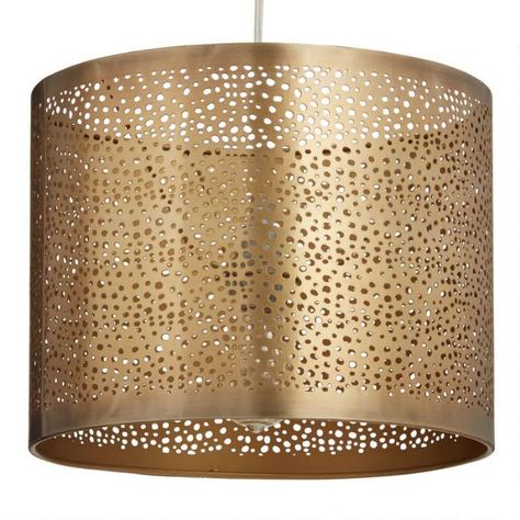 Pierced Antique Brass Drum Table Lamp Shade | World Market Fancy Furniture, Apartment Shopping, Door Overhang, Affordable Lamp, Statement Lamp, Table Lamp Shade, Metal Drum, Table Top Lamps, Office Lamp