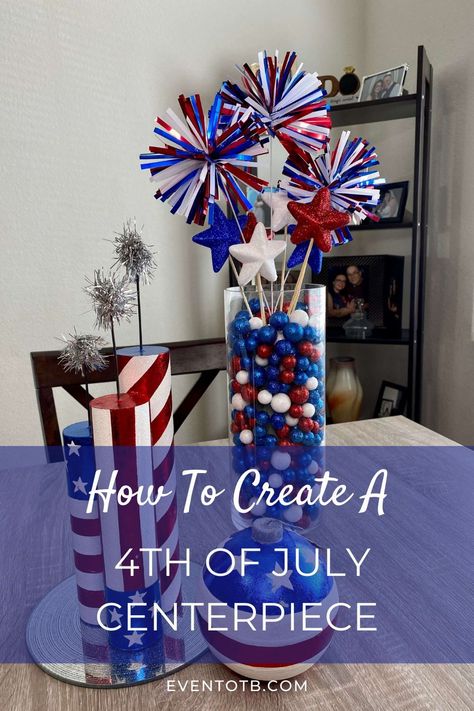 This super simple DIY Fourth of July Centerpiece is perfect for your patriotic party! With just a few supplies and about ten minutes, you can make this red, white and blue centerpiece too! I have a full video tutorial on this blog post for the 4th of July DIY. Check it out! 4th Of July Center Piece Diy, 4th Of July Party Centerpieces, Patriotic Vase Filler Ideas, Elegant Red White And Blue Centerpieces, Fourth Of July Centerpieces Simple, Patriotic Centerpieces Elegant, Red White Blue Centerpieces Simple, Forth Of July Party Decorations Diy, Memorial Day Centerpieces Diy