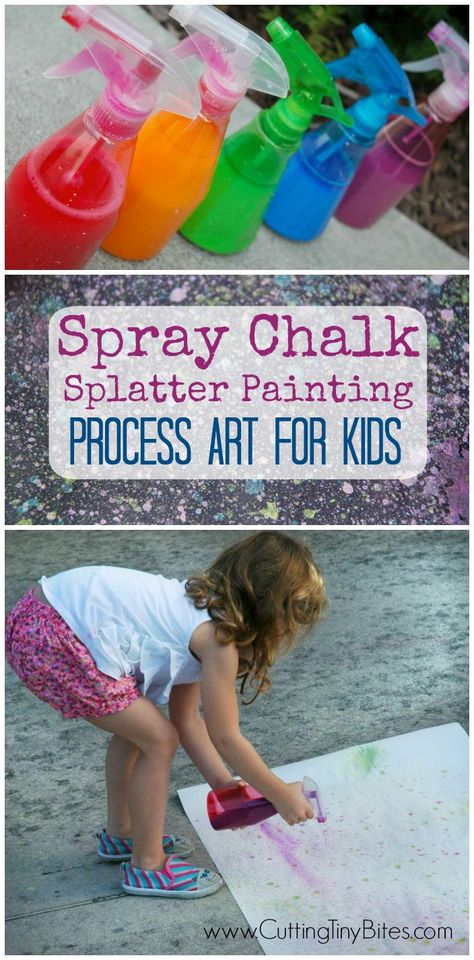 Spray Chalk Splatter Painting- process art for kids. Open ended outdoor activity for preschoolers and elementary children. Fun and easy! Process Art For Kids, Preschool Outdoor Activities, Spray Chalk, Summer Preschool, Spin Art, Toddler Art, Process Art, Preschool Art, Toddler Crafts