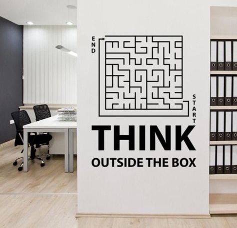 Think Outside The Box Inspirational Quote Wall Decal Startup | Etsy Library Styling, Think Outside The Box Art, Think Out Of Box, Office Space Quotes, Startup Office Design, Business Classroom, Space Branding, Maze Labyrinth, Office Wall Graphics