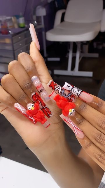 Xl Red Acrylic Nails, Kaws Nails With Charms, Orange Kaws Nails, Nails With Big Charms, Red Kaws Nails, Baddie Nails Instagram Long, Kaw Nails, Girl Esthetics, Baddie Nails Instagram