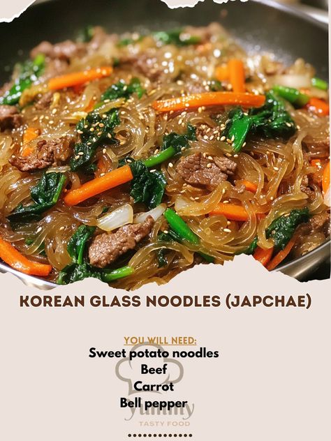 Sweet Potato Glass Noodles Recipe, Cook Sweet Potato, Japchae Recipe, Glass Noodles Recipe, Korean Glass Noodles, Sliced Onion, Korean Noodles, Potato Noodles, Sweet Potato Noodles