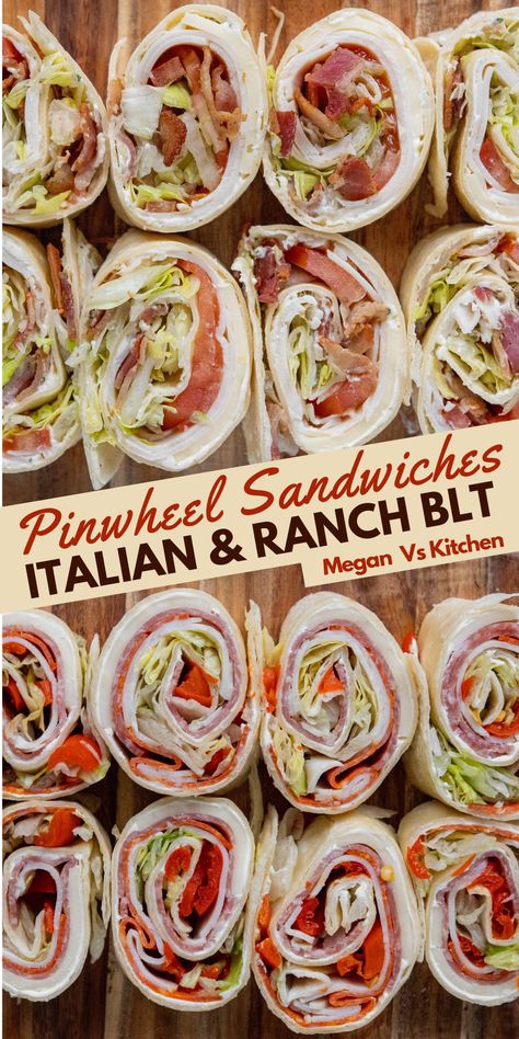 Let me tell you how to make Italian and Ranch BLT Pinwheel Sandwiches. They are easy to make and so good. Don’t limit yourself to having these as an appetizer for BBQs or holiday parties. These are great lunches for kids and adults. Aram Sandwiches Tortilla Rolls, Ranch Blt Pinwheels, Italian Sandwich Roll Ups, Blt Party Sandwiches, Charcuterie Board Mini Sandwiches, Roll Up Sandwiches Parties, Healthy Pin Wheel Recipes, Wrap Sandwiches For Party, Blt Pinwheels Roll Ups