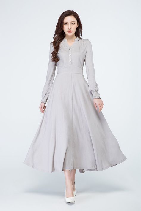 Light Gray Dress, Ruffle Dress Long, Women Party Dress, Trendy Party Dresses, Light Grey Dress, Dress Shirt Dress, Grey Long Sleeve Dress, Linen Dress Women, Master Room