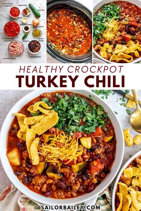 Delicious crockpot Turkey Chili is the perfect easy and healthy dinner recipe for fall and winter dinners - a simple make-ahead crockpot recipe for busy weeknights. This fall recipe is a delicious chili recipe that's gluten-free and dairy-free, plus great for meal prep. Easy Crockpot Recipes Gluten And Dairy Free, Healthy Chili Recipe Crockpot, Healthy Crockpot Chili, Comfort Food Crockpot Recipes, Chili In The Crockpot, Comfort Food Crockpot, Healthy Chili Crockpot, Crockpot Turkey Chili, Healthy Fall Dinners