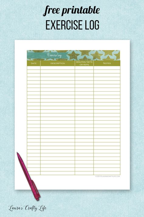 Free printable exercise log. Track the date, exercise, minutes or reps, and notes. #laurascraftylife #freeprintable #excerciselog #getfit Walking Log Printable, Workout Tracker Printable Free, Workout Log Printable, Tracker Printable Free, Workout Tracker Printable, Exercise Log, Printable Workout, Workout Tracker, Fitness Planner Printable