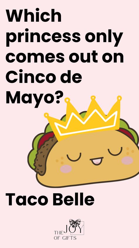 Take a bite out of these hilarious taco jokes on The Joy of Gifts. These jokes for kids will get you laughing. See taco puns, burrito puns, and tons of Mexican food jokes that will make you want to laugh and eat! Mexican Food Memes Funny, Taco Jokes Humor, Cinco De Mayo Funny Quotes Hilarious, Salsa Puns, Taco Jokes, Mexican Food Puns, Mexican Word Of Day, Taco Puns, Spanish Puns