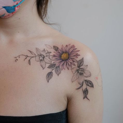 Aster Shoulder Tattoo, Wild Flower Shoulder Tattoo, Larkspur Flower Tattoos, Fine Line Flower Tattoo, Aster Flower Tattoo, Aster Tattoo, Aster Flower Tattoos, Front Shoulder Tattoos, Indian Feather Tattoos