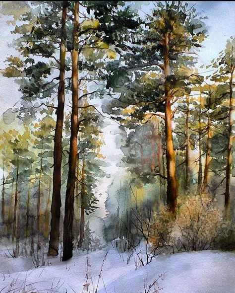 Winter Scene Paintings, Tree Watercolor Painting, Watercolor Art Diy, Watercolor Art Landscape, Watercolor Blog, Winter Watercolor, Watercolor Tree, Winter Painting, Landscape Art Painting