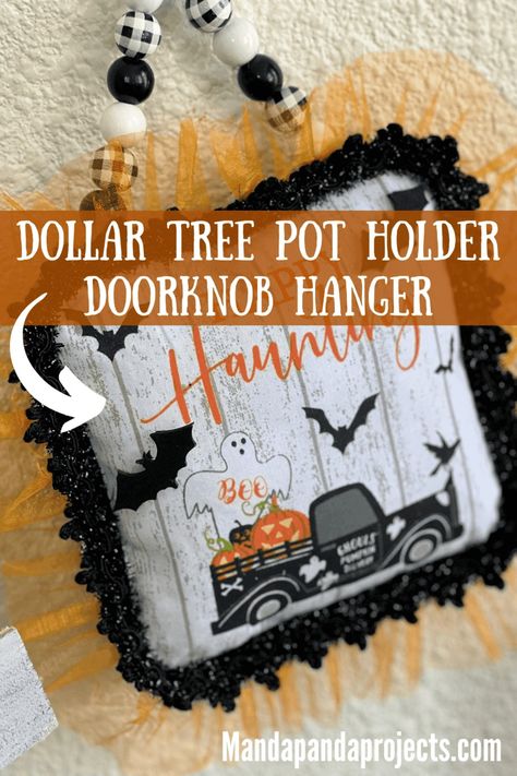 I bet you never thought of a Dollar Tree Halloween Pot Holder as a craft supply…until now! This DIY Doorknob Hanger is an easy and affordable way to add Halloween vibes to your decor this year! Diy Doorknob, Halloween Feather Wreath, Diy Pumpkins Crafts, Free Printable Crafts, Dollar Tree Halloween, Hanger Crafts, Doorknob Hangers, Plastic Hangers, Halloween Vibes