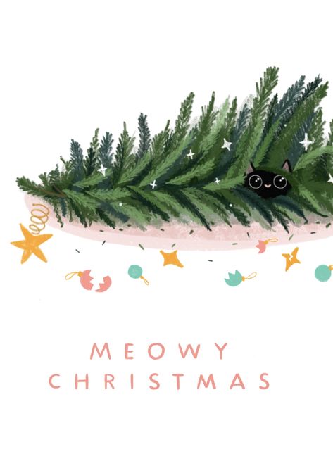 Christmas Card Ideas With Cats, Christmas Tree Illustration Drawings, Christmas Card Drawing Ideas, Christmas Card Drawing, Christmas Cards Design, Card Drawing Ideas, Christmas Cat Funny, Cat Christmas Cards, Christmas Ecards