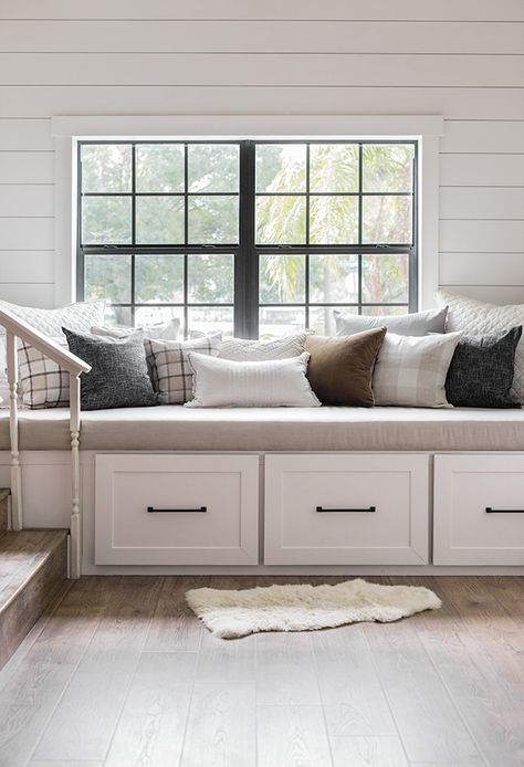 DIY Window Bench Seat / Reading Nook Window Seat Fabric Ideas, Wallpaper Around Window, Long Narrow Rooms, Diy Window Seat, Custom Bench Seating, Window Bench Seat, Window Seat Design, Storage Bench Seating, Living Tv