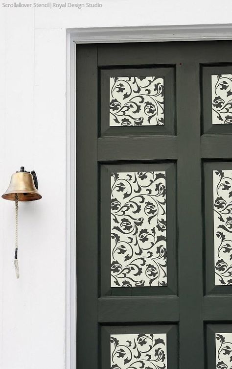 Open Up to Painting Your Door with Stencil Designs from Royal Design Studio - 7 DIY Decorating Ideas Stenciled Doors, Black And White Furniture, Furniture Stencil, Royal Design Studio Stencil, Wallpaper Door, Front Door Makeover, Raised Panel Doors, Stencil Furniture, Door Makeover