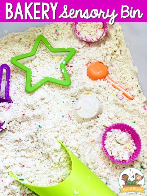 Preschool Community Helpers Sensory Bin, Sensory Bins Community Helpers, Bakery Shop Preschool Theme, Cooking Experience Preschool, Sweets Sensory Bin, Cake Mix Sensory Bin, Bakery Crafts For Preschool, Grocery Store Sensory Bin, Chef Theme Preschool Activities