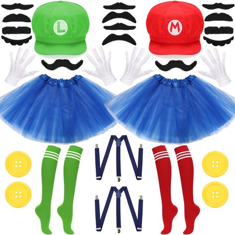 PRICES MAY VARY. Exceptional Value: This comprehensive set includes multiple accessories: 2pcs hats, 2pcs skirts, 2pcs suspenders, 4pcs socks, 4pcs buttons, 4pcs gloves, 14pcs mustaches, providing two complete outfits at an affordable price, making it a great investment for various occasions High-Quality Design: Crafted with premium materials, this costume set features detailed and iconic character designs, including meticulously made accessories like hats and mustaches Durable and Resilient: Bu Luigi Costume, Mario Y Luigi, Mario Costume, Mario E Luigi, Matching Halloween Costumes, Trio Halloween Costumes, Cartoon Costumes, Pretty Halloween Costumes, Duo Halloween Costumes