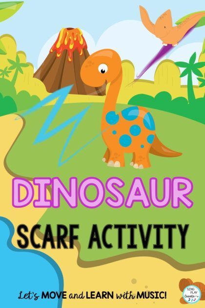 Dinosaur fun scarf activity for preschool and music and movement classes. Dinosaur Songs For Preschool, Dinosaur Scarf, Preschool Movement Activities, Kindergarten Music Lessons, Movement Preschool, Dinosaur Songs, Preschool Music Activities, Kindergarten Music, Freeze Dance