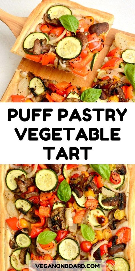 This puff pastry vegetable tart is perfect for using up an assortment of seasonal veggies. This vegan recipe is easy to customise and needs just 15 mins prep time. Vegan Savoury Tart, Veggie Puff Pastry Recipes, Puff Pastry Vegan Recipes, Vegetarian Puff Pastry Recipes, Veggie Puff Pastry, Vegetarian Tart Recipes, Puff Pastry Vegetable Tart, Puff Pastry Vegan, Savory Puff Pastry Recipes