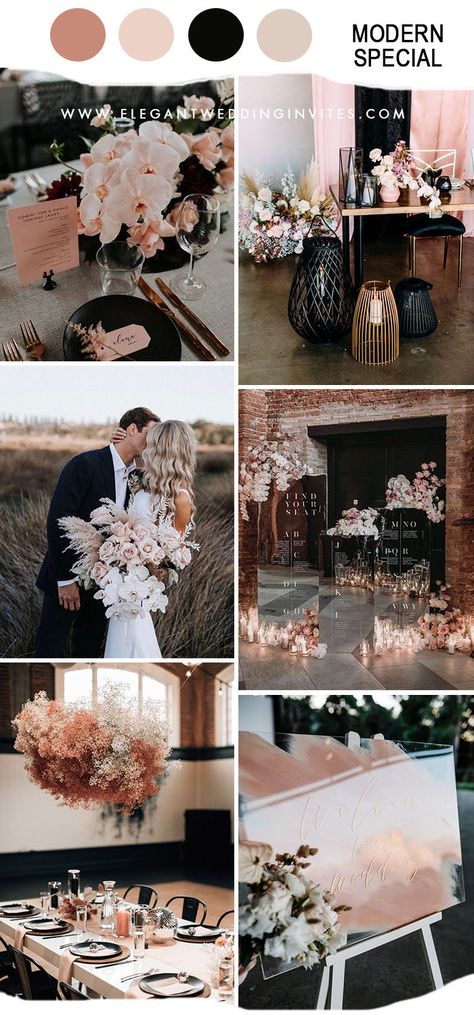 Black And Rose Gold Wedding Theme, Fall Wedding Rose Gold, Rose Gold And Black Wedding Theme, Black And Blush Wedding, Blush Pink Theme Wedding, Gold And Black Wedding, Unique Fall Wedding, Wedding Theme Color Schemes, Rose Gold Theme