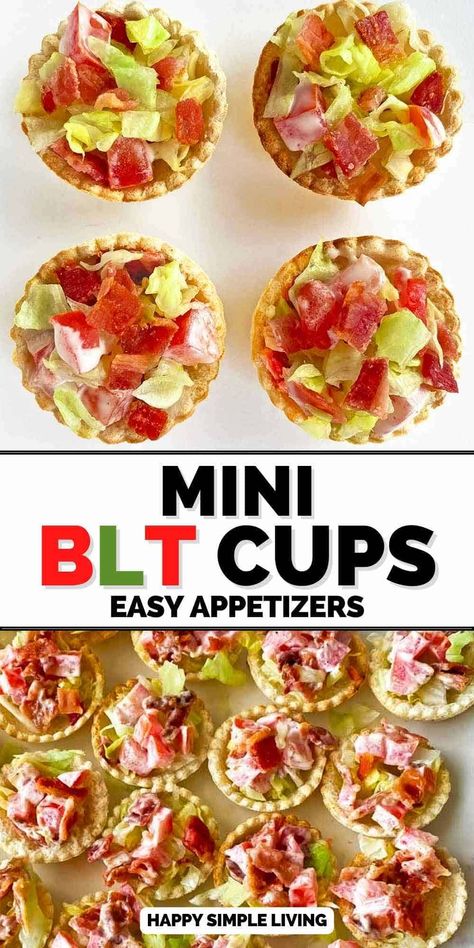 These mini BLT Cups appetizers feature crispy bacon, lettuce and tomato with creamy mayonnaise in a homemade toast cup. Perfect for parties and holidays, your guests will love these small bites! Tomato Cups Appetizers, Blt Appetizers For Party, Bacon Bites Appetizers, Lettuce Appetizers, Blt Appetizer Bite Size, Small Group Food Ideas, Muffin Tin Appetizers, Mini Cup Appetizers, Cup Appetizers For Party