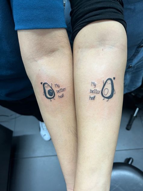 Couple tattoo, best idea for couples tattoo Half Half Tattoo Couple, Better Half Tattoo, Friendship Tattoo Ideas, Half Tattoo, Tattoo Ideas Cute, Matching Friendship Tattoos, Avocado Tattoo, Friendship Tattoo, Anniversary Tattoo