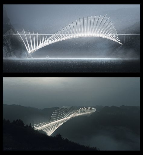 Flying Fish Bridge | Fish dorsal fin structure, over 1000 meter long Bridge concept project. Xray / facade view by Sako Tchilingirian