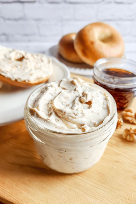 Whipped Maple Cream Cheese Spread with Walnuts Honey Almond Cream Cheese Spread, Honey Walnut Cream Cheese Spread, Honey Cream Cheese Spread, Flavor Cream Cheese Recipes, Flavored Whipped Butter, Cream Cheese Spreads Recipes, Peanut Butter And Cream Cheese Recipes, Spreadable Cream Cheese Recipes, Cheese Spread For Bread