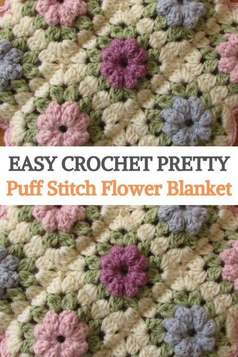 Puff Stitch Granny Square Crochet Pattern, Puffy Flower Granny Square, Granny Square Puff Stitch, Easy Flower Granny Square Pattern Free, Flower Granny Squares Free Patterns, Lace Granny Square Crochet, Puff Flower Granny Square, Granny Square With Flower, Puff Stitch Crochet Blanket