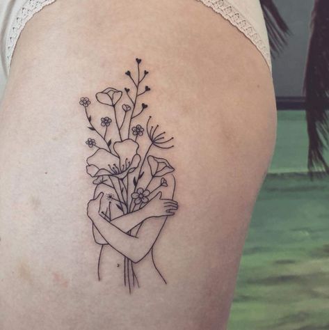 Body Outline Tattoo With Flowers, Self Love With Flowers Tattoo, Flower Medusa Tattoo, Women Tattoos Leg, Love Your Body Tattoo, Tattoos Body Positivity, Tiny Medusa Tattoo, Realistic Flower Tattoo, Empowering Tattoos